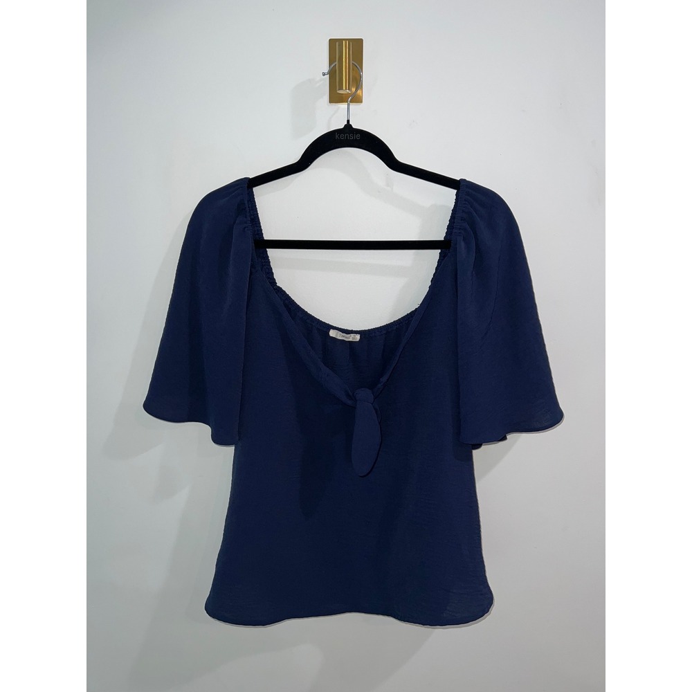 Minimalist Tie Front Boho Navy Blue 1X Butterfly Sleeve Off Shoulder Top